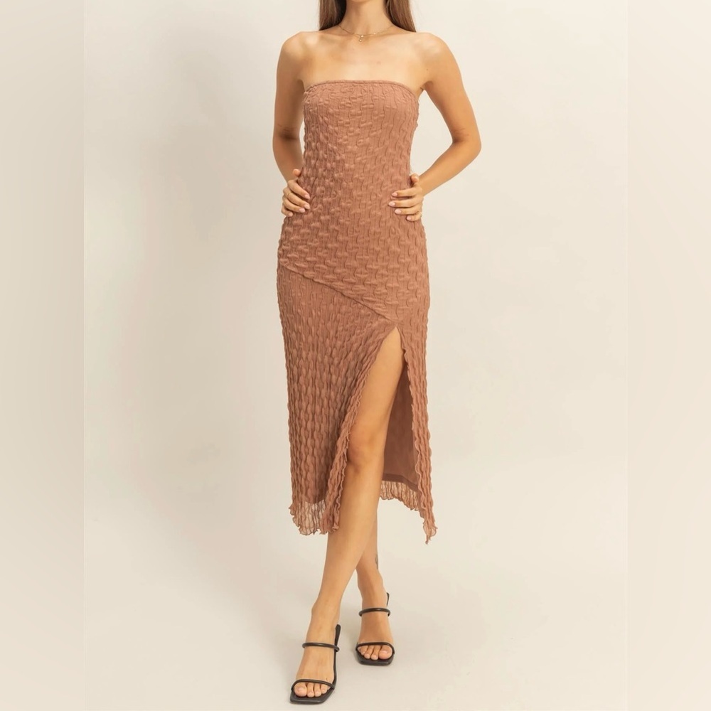 NEW HYFVE Tan Brown Strapless Textured Midi Sheath Dress Side Slit Size Large